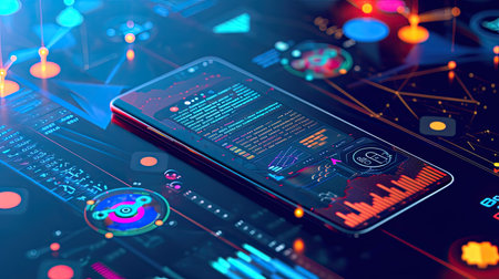 Isometric Concept of Smartphone with 3D Graphs and Data Analytics Interfaceの素材