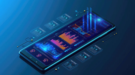 Isometric Concept of Smartphone with 3D Graphs and Data Analytics Interfaceの素材