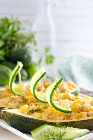 Zucchini stuffed with minced meat and riceの写真素材
