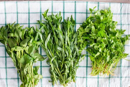 Fresh washed beams of fragrant herbs - mint, cilantro, tarragon on a clean kitchen towel, top viewの写真素材
