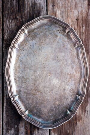 Old vintage tray, top view, backgroundの写真素材