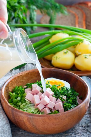 Okroshka with sausage and white kvass, selective focusの写真素材