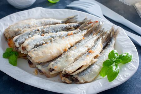 Fried smelt on a white dish, selective focusの写真素材