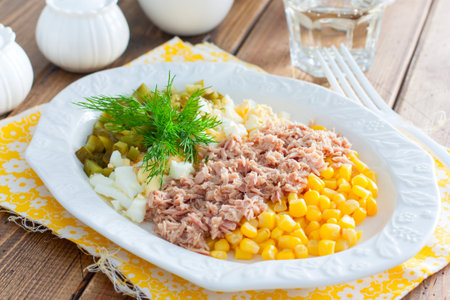 Homemade salad with canned tuna and corn, selective focusの写真素材