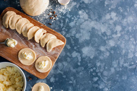ingredients for cooking dumplings with cottage cheese, top view, copy spaceの写真素材
