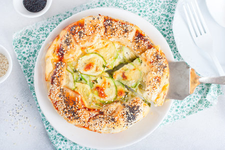 Open puff pastry zucchini pie sprinkled with poppy seeds and sesame seeds with a cut piece,...