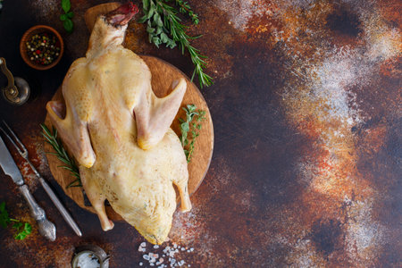 Raw fresh homemade indow duck on wooden board, selective focusの写真素材