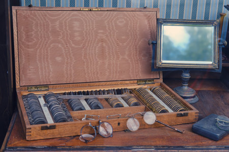 Vintage ophthalmologist medical instruments with mirror and glasses