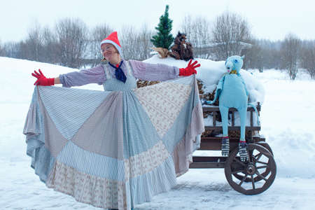 Woman with hay cart on winter nature at christmasの写真素材