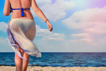Girl goes to the sea on the beach, background. Woman's back view, copy spaceの写真素材