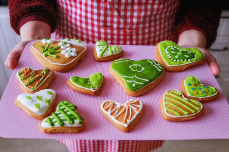 Girl holding a tray of gingerbread. In hands of women baking handmade. Painted gingerbread in form...
