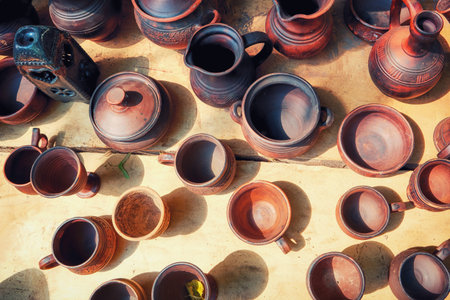 Top view of the clay dishes. Handmade products in the pottery workshop. Pots, jugs, mugs, goblets...