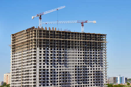View from the balcony of a large house under construction in Moscow. New multi-storey building close-up in Russia.の写真素材