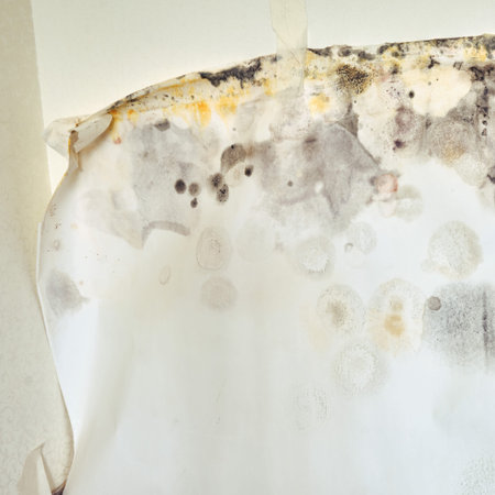 Circles of black and yellow mold on the wallpaper, close-upの写真素材