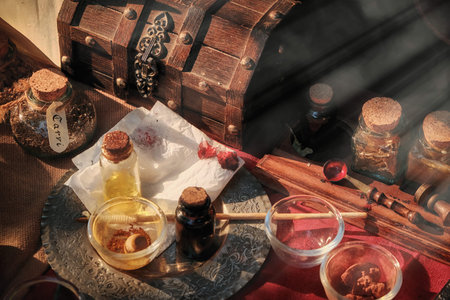 Production of spices and seasonings in the middle ages. Tools for mixing ingredients, retro. Vintage...