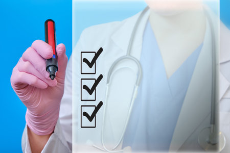The doctor with a marker makes a list, copy space for the text. Hand in a medical glove with a pen,...