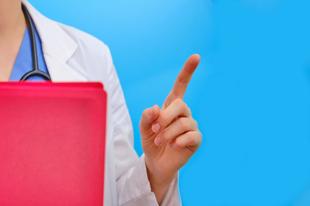 The doctor points to the side, close - up on a blue background. The nurse indicates with a gesture...