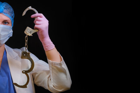 Doctor hands holding handcuffs on black background, copy space. Young woman hand in medical gloves...