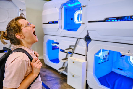 A young woman yawns and wants to sleep next to the rooms of a mini hotel. Capsule hotel - one of the...