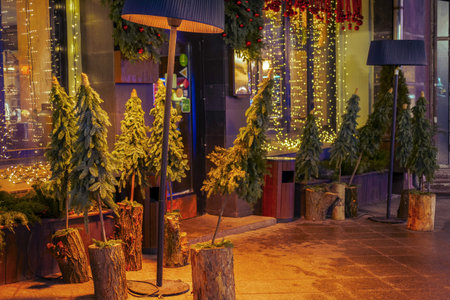 Night sale of Christmas trees near the store on New Year Eveの写真素材