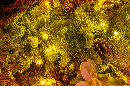 Light of lamps among spruce green branch, copy space. Garland of yellow lights on the background of...