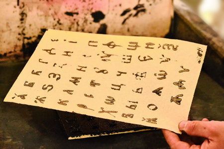 Cyrillic printed by the old method of typography. Man's hand holding a sheet with the Russian...