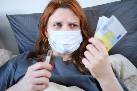 A sick woman holds a Euro and a thermometer in her hands. Money for the treatment of a woman with...