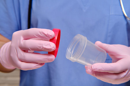 A doctor in protective gloves opens an empty test jar. A nurse in a medical uniform with a plastic...