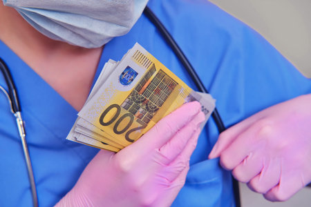A medic in protective gloves puts money in the pocket of a blue medical uniform, close-up