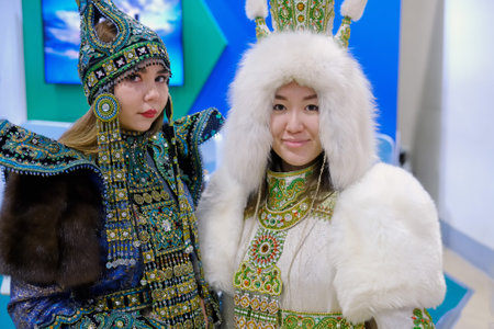 Girls in traditional costumes of the far East. Women in ethnic folk costumes - Days of the Far East, Moscow, Russia, 12 13 2019のeditorial素材