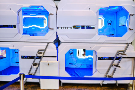 Capsule hotel - one of the variants of Japanese hotels, which is a small sleeping cells located on top of each other. They are mainly located near major railway stations - Moscow / Russia - 06 12 2019のeditorial素材