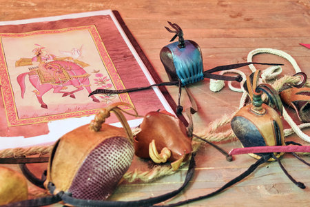 Attributes of vintage falconry - hood, vabilo, shrouds. Masks and other tools for the hunter's...