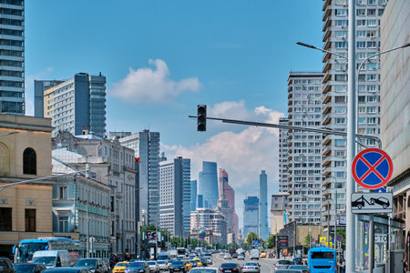 Moscow \ Russia 06 10 2019: Novy Arbat Street, cloudy sky. View of Novy Arbat and Moscow cityのeditorial素材