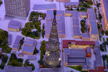 Layout Of Moscow. Shabolovskaya TV tower, in the evening. Night Moscow, Russia, 07 31 2019