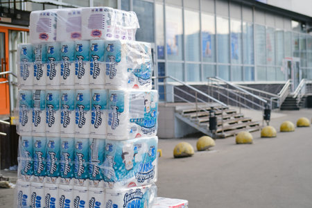 Toilet paper in large quantities on the street near the store - Moscow, Russia, 03.29.2020のeditorial素材