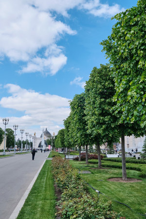 Alley to Kosmos pavilion, Vostok rocket and Industry square at VDNH. Moscow, Russia 05 24 2019のeditorial素材