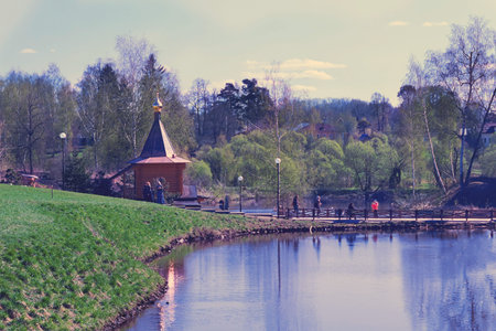 A river with a chapel of the Church near the shore, Sergiev Posad, Russia, 05 07 2017のeditorial素材