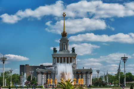 Pavilion 1 Central at VDNH and Fountain "Friendship of peoples" - Moscow, Russia 05 24 2019のeditorial素材