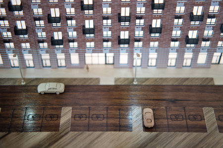 Project of parking in front of the house with a car. Parking model next to an apartment building - Moscow, Russia, December 12, 2019のeditorial素材