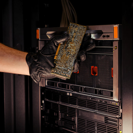 Hand in a black glove with a circuit board from the device. Concept of data integrity issues and hacker attacksのeditorial素材