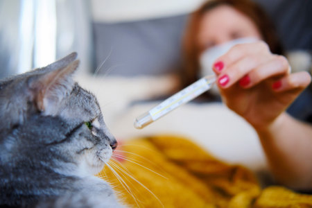 A woman with flu shows a cat a thermometer lying on the bed. Woman holds thermometer