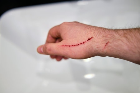 A scratch with blood running down the man arm from a cat