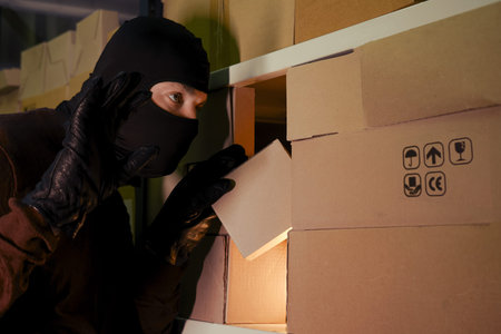 A thief wearing a ski mask picks up a box with a parcel from a warehouse at night