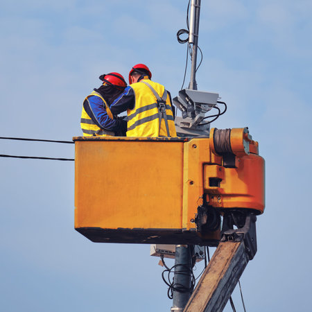 Workers repairing road cameras on a pole at a height