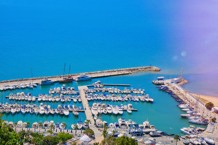 Top view of the pier, lagoon with yachts in Sidi Bou Said. Copy space, wallpaper background. Mediterranean, Tunisia - June 2019の写真素材