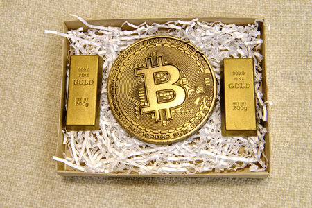 Cryptocurrency coin bitcoin and gold from chocolate as a giftの写真素材
