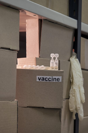 Virus vaccine supply problem and drug shortage. Vials for vaccination against the coronavirus in stockの写真素材