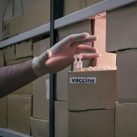 Lack of coronavirus vaccine in boxes in stock. A gloved hand steals medicines from a warehouse