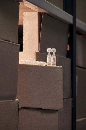 Coronavirus vaccine storage problem and drug shortage. Bottles with the vaccine against flu virus in...