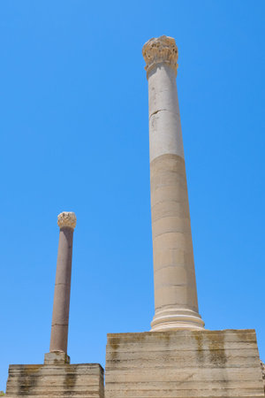 Ancient Roman columns ruins Anthony terms. Excavations of antique Thermae in the Carthage times of...